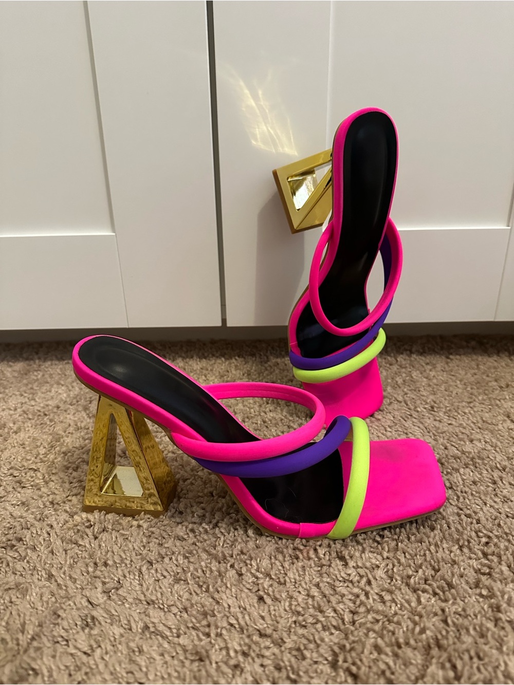 Hot Pink Strappy Mule Heels with Neon Accents